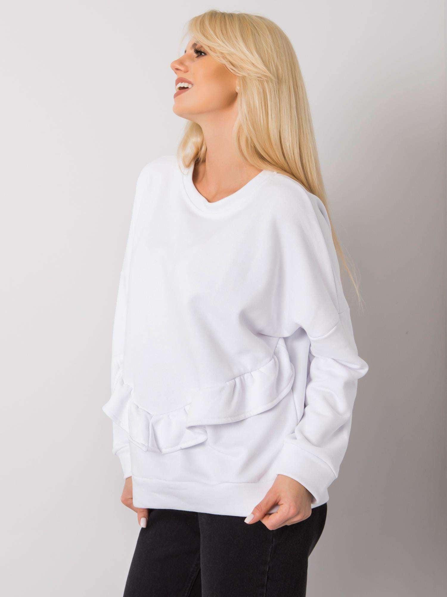 Biała elegancka bluza bez kaptura z ozdobną falbaną - Zora