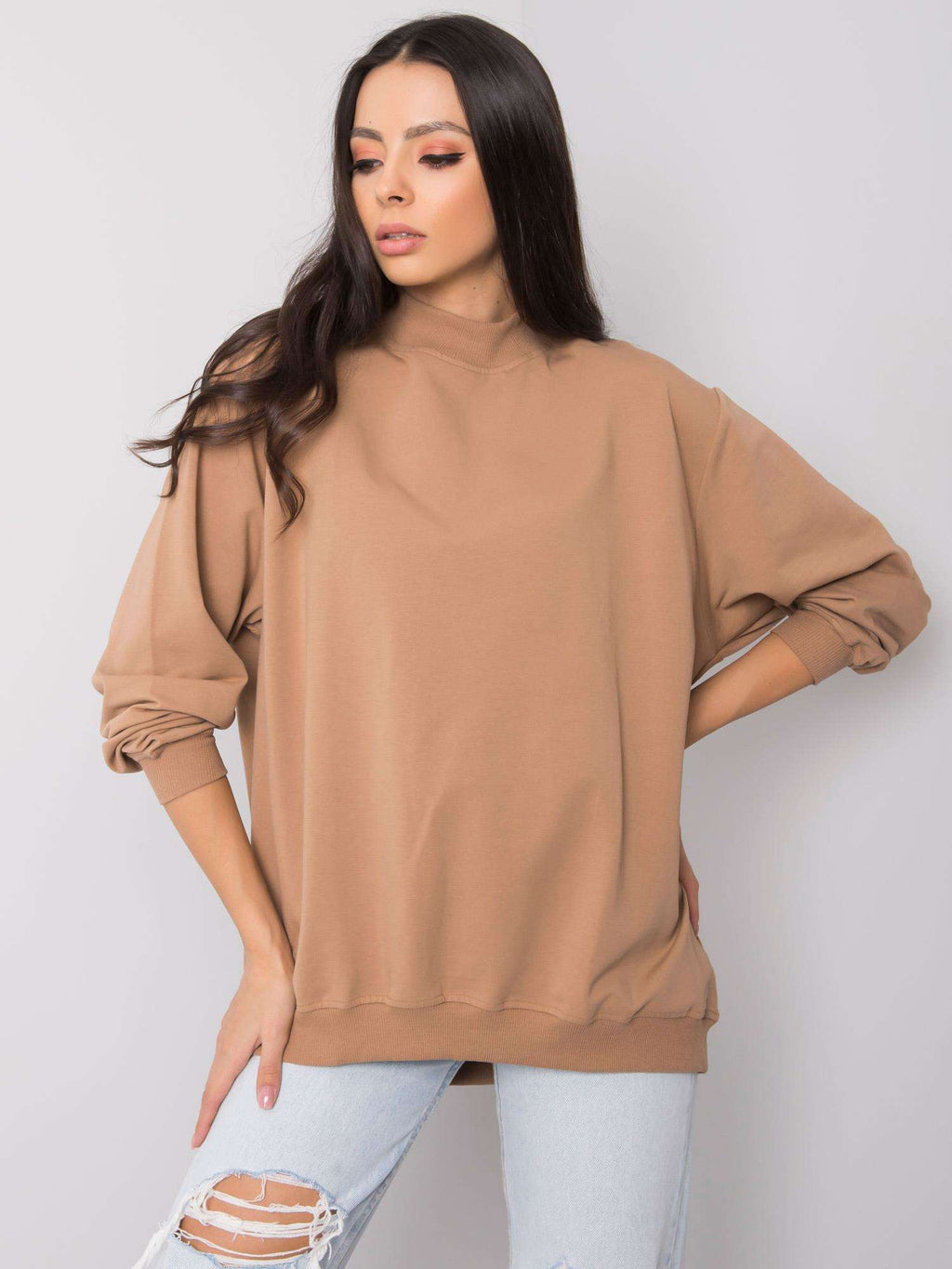 Komfortowa bawełniana bluza basic w kolorze camelowym - Bianca