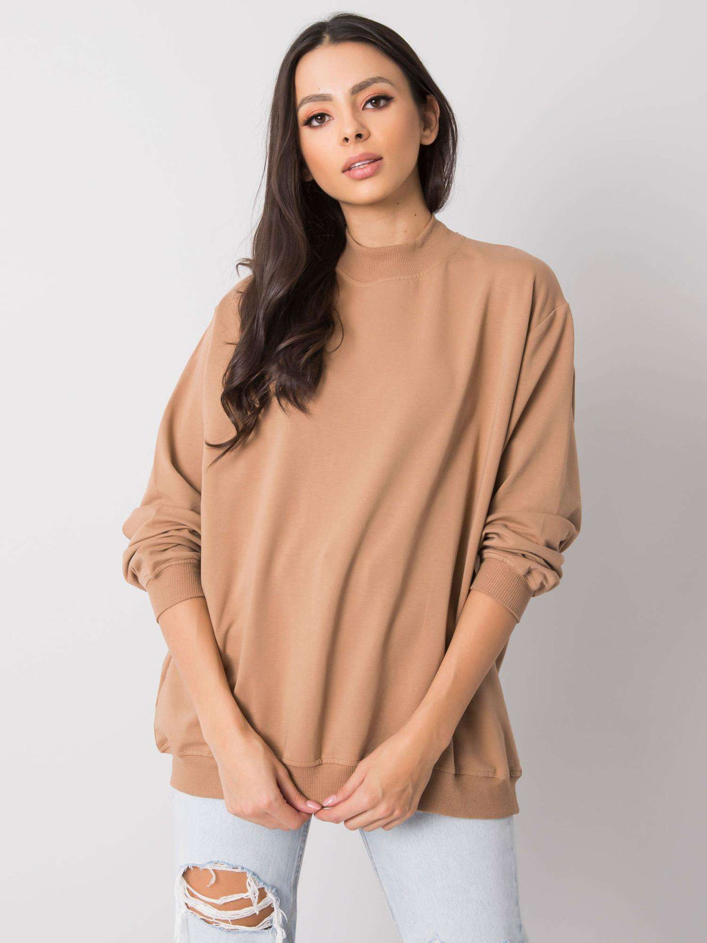 Komfortowa bawełniana bluza basic w kolorze camelowym - Bianca