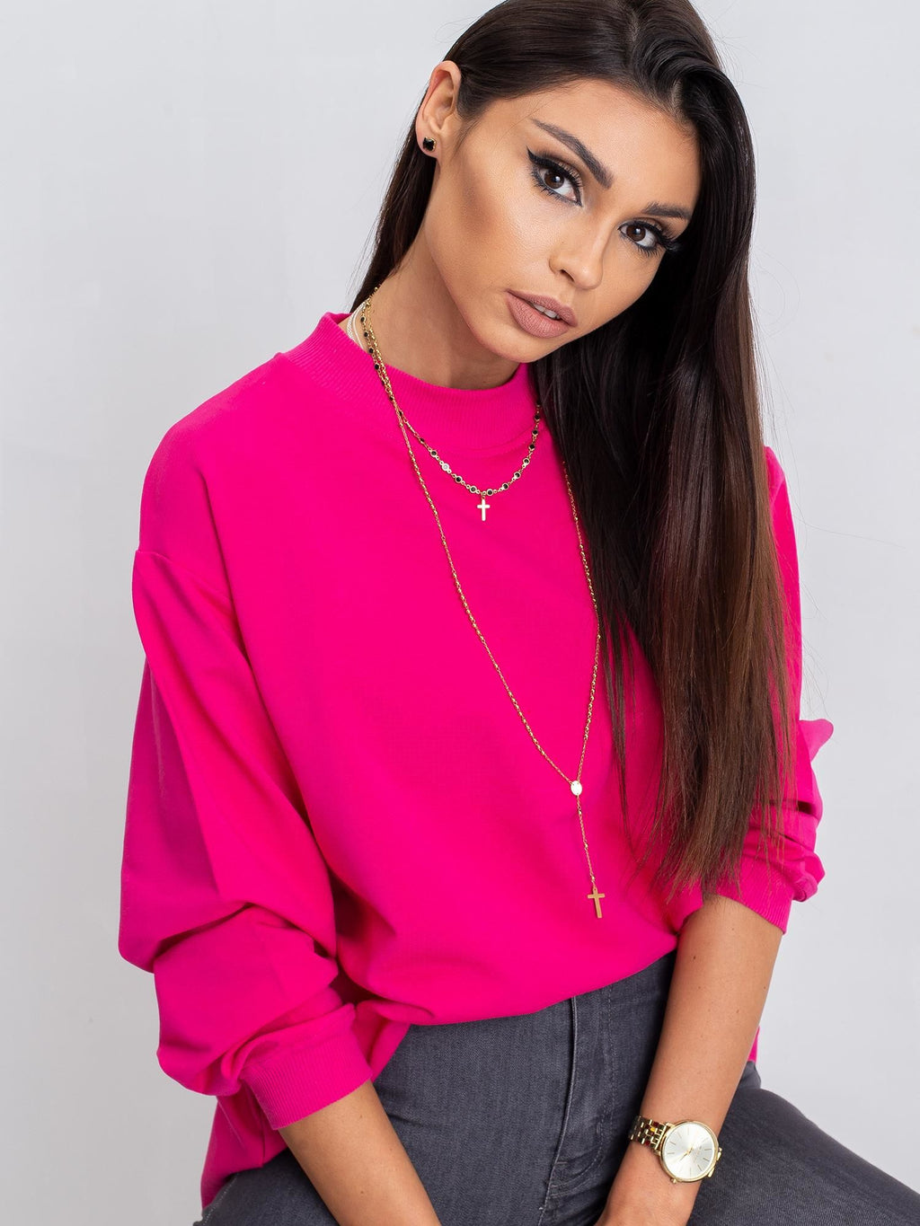 Komfortowa bawełniana bluza basic w kolorze fuksjowym - Bianca
