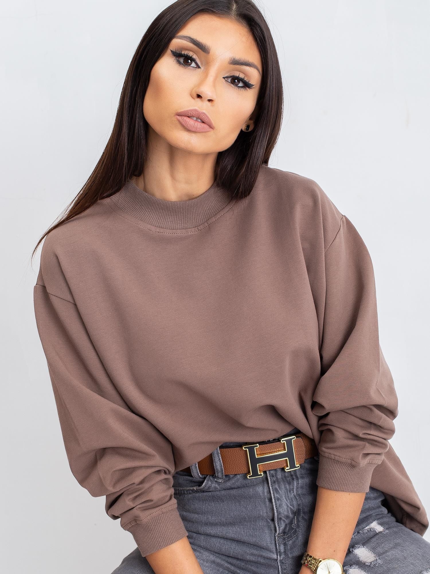 Komfortowa bawełniana bluza basic w kolorze kawowym - Bianca