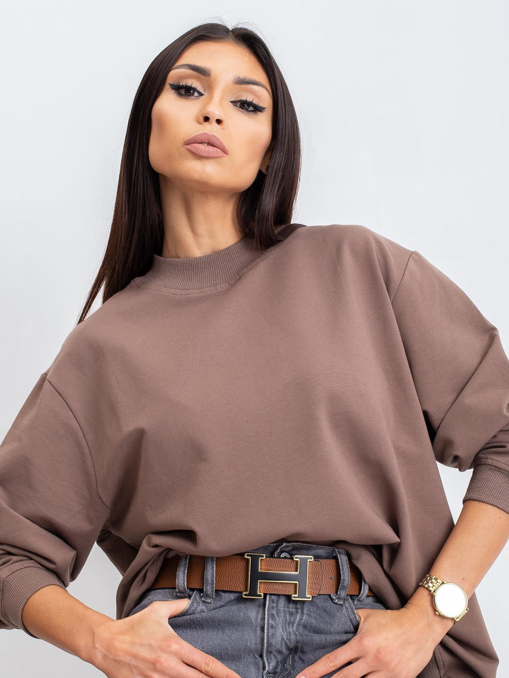Komfortowa bawełniana bluza basic w kolorze kawowym - Bianca