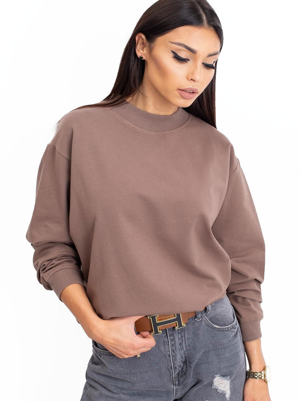 Komfortowa bawełniana bluza basic w kolorze kawowym - Bianca